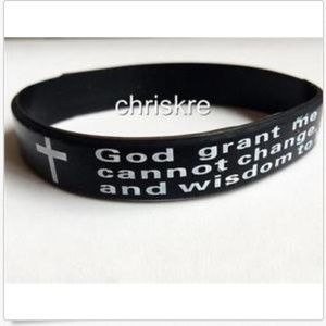 Serenity Prayer Bracelet Silicone Band Black Mens Womens Stretch AA NA Sobriety